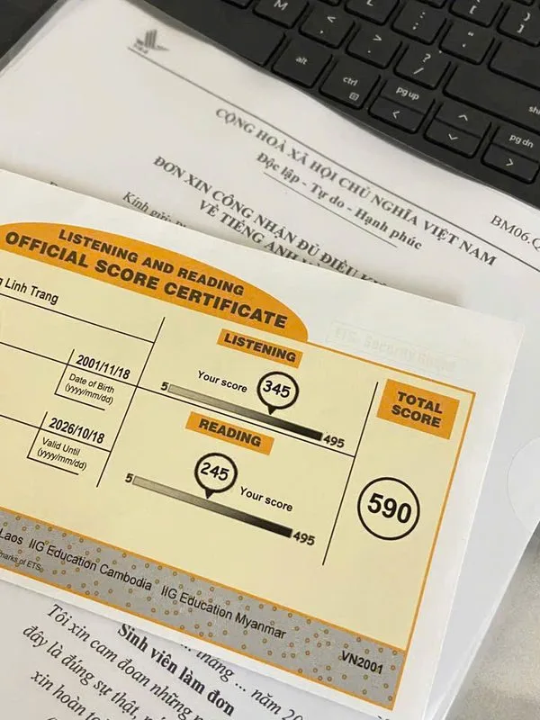 Linh Trang earns TOEIC 590